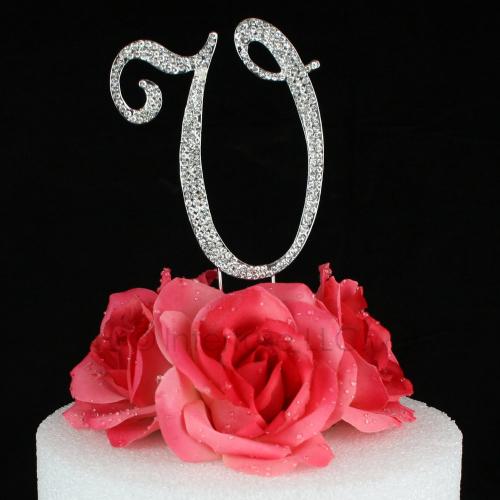 Letter V Cake Topper Monogram - 5 Inch Silver Rhinestone
