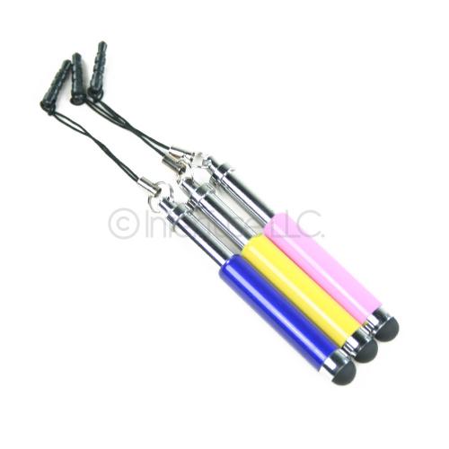Lot of 3 Dark Blue, Hot Pink & Yellow Retractable Stylus Pens w/ Headphone Dust Caps for iPhone, iPod Touch, Android Smartphones and Tablets