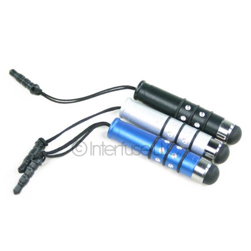 Set of 3 Blue, Black & Silver Mini Small Stripped Studded Touch Screen Stylus Pens